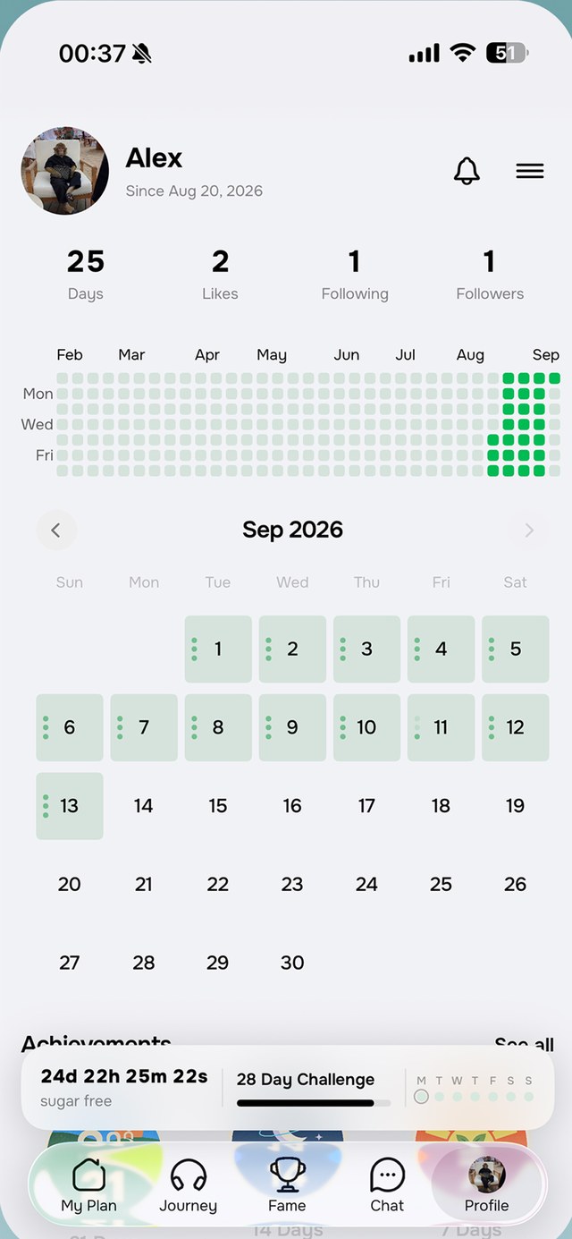 Profile with sugar-free days calendar, streak and achievements