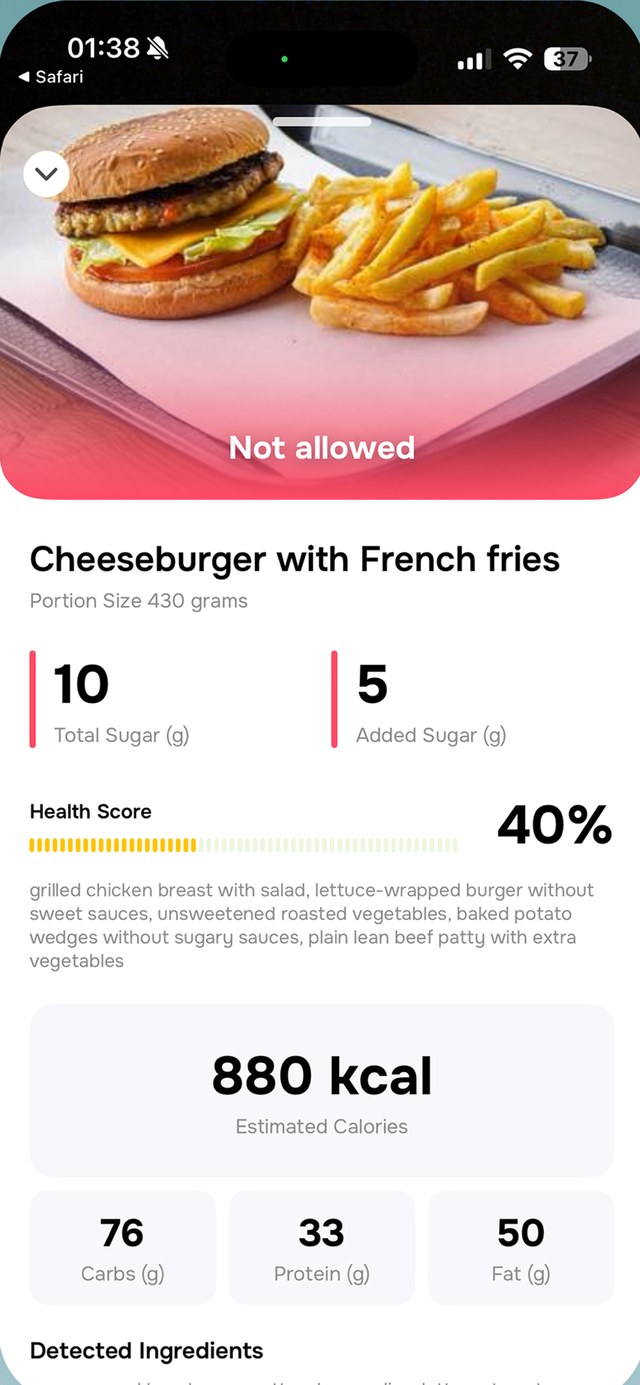 AI food scanner: cheeseburger with fries, total and added sugar, health score and calories